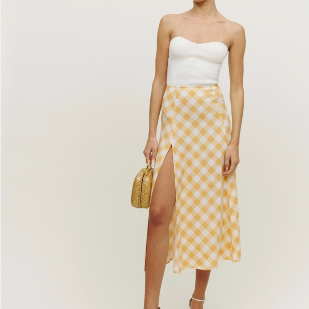 Reformation Zoe Yellow Gingham High-Slit Midi Skirt Size 8